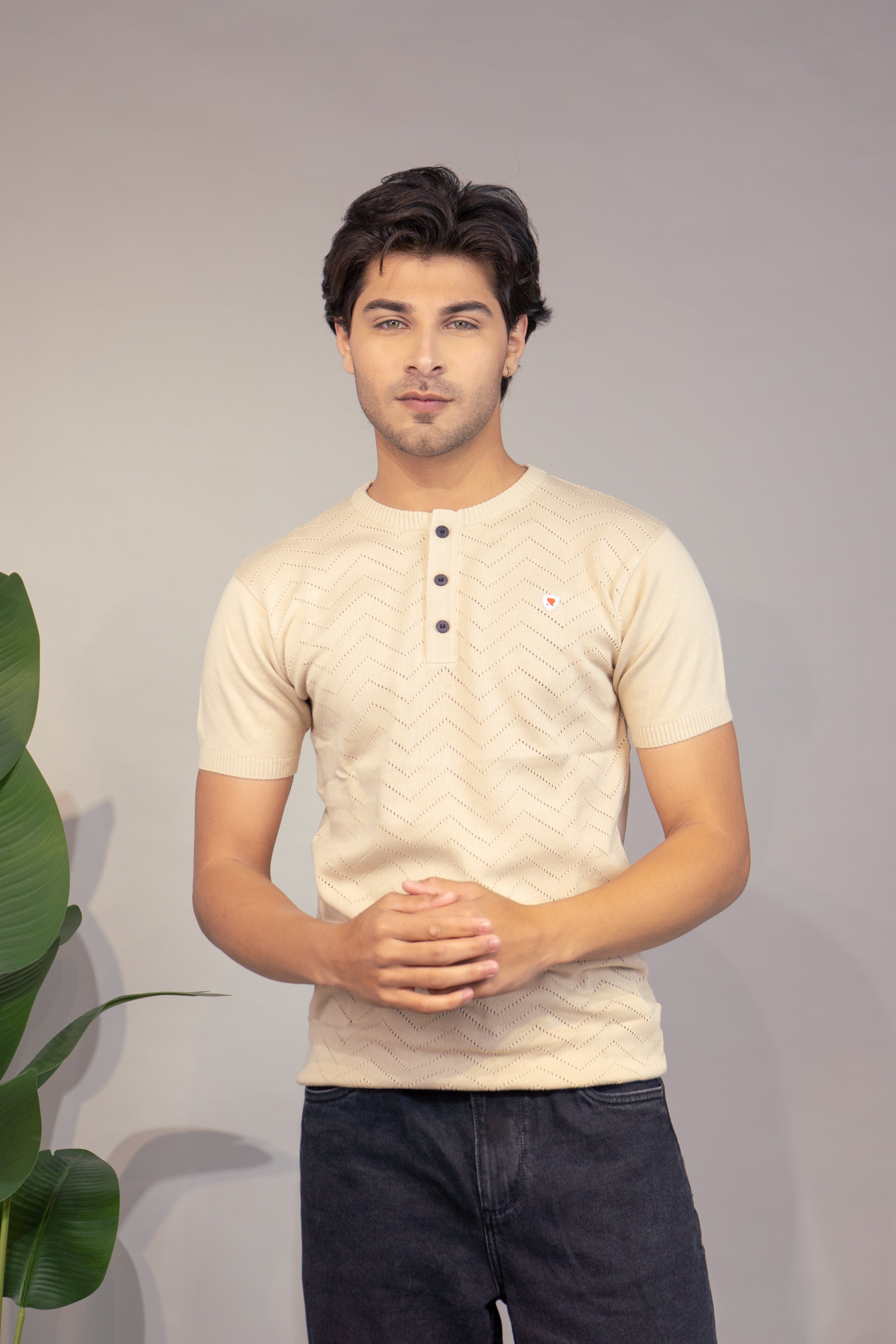 Men Textured T-Shirt | Stylish Henley Neck Half Sleeve Casual T-Shirt for Men | Self Design Zig Zag Knitted Summer Wear T Shirt