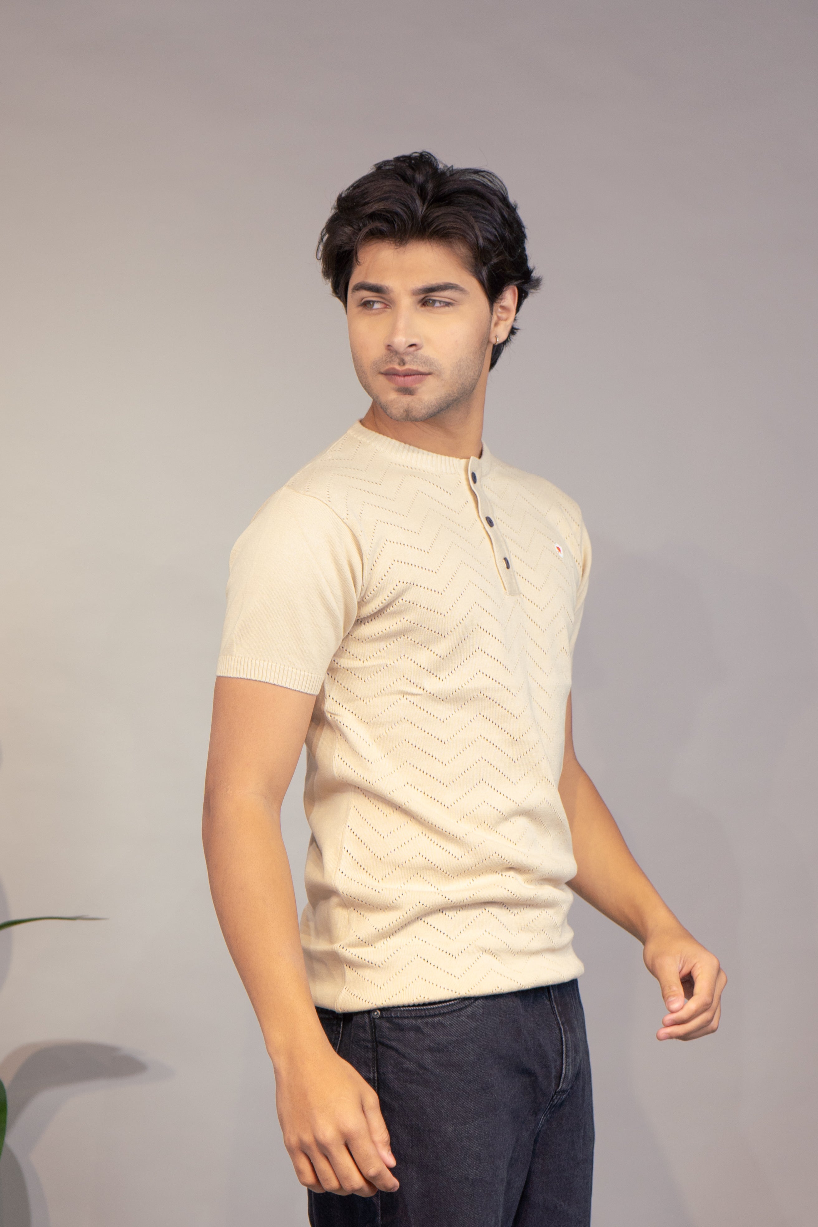 Men Textured T-Shirt | Stylish Henley Neck Half Sleeve Casual T-Shirt for Men | Self Design Zig Zag Knitted Summer Wear T Shirt