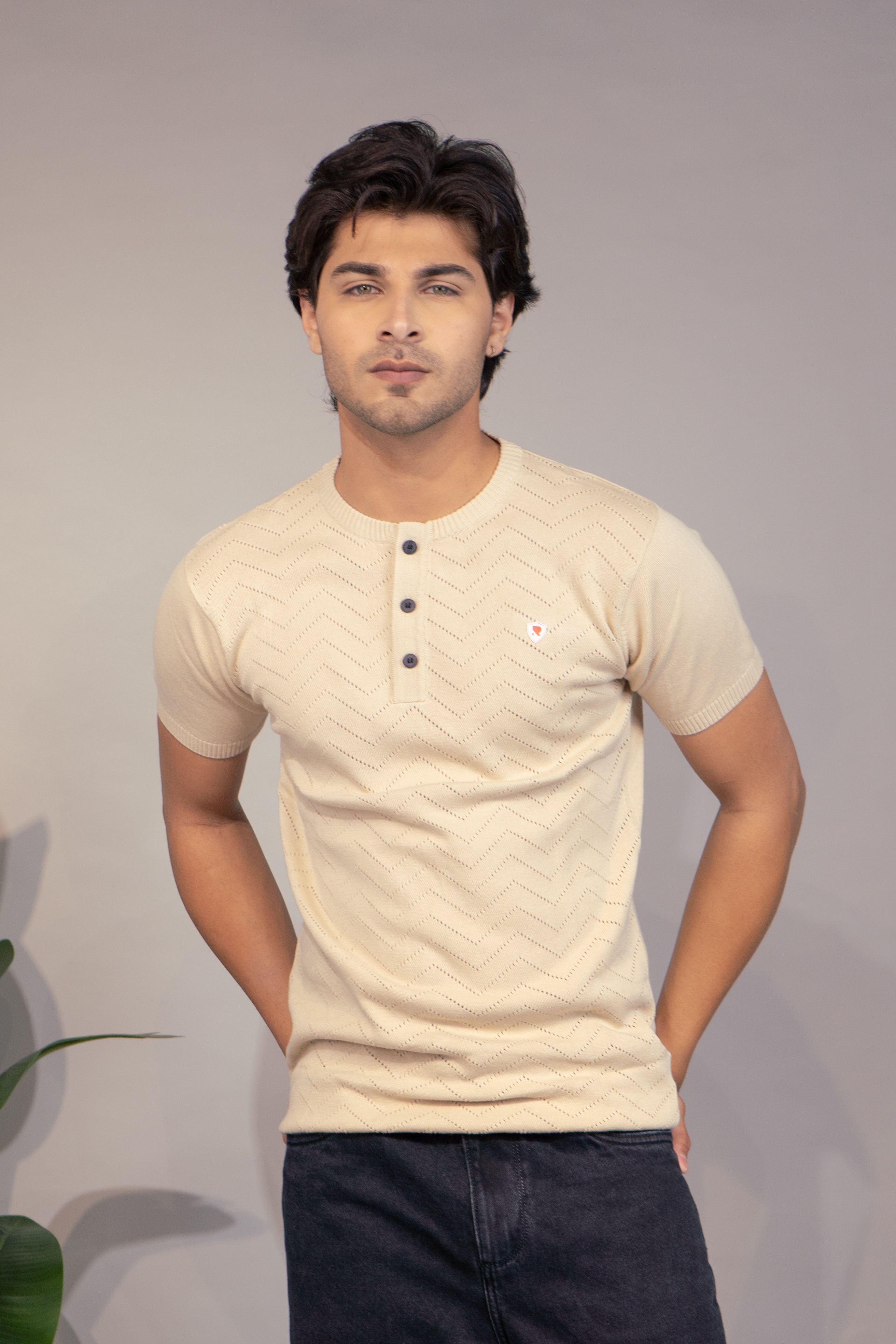 Men Textured T-Shirt | Stylish Henley Neck Half Sleeve Casual T-Shirt for Men | Self Design Zig Zag Knitted Summer Wear T Shirt