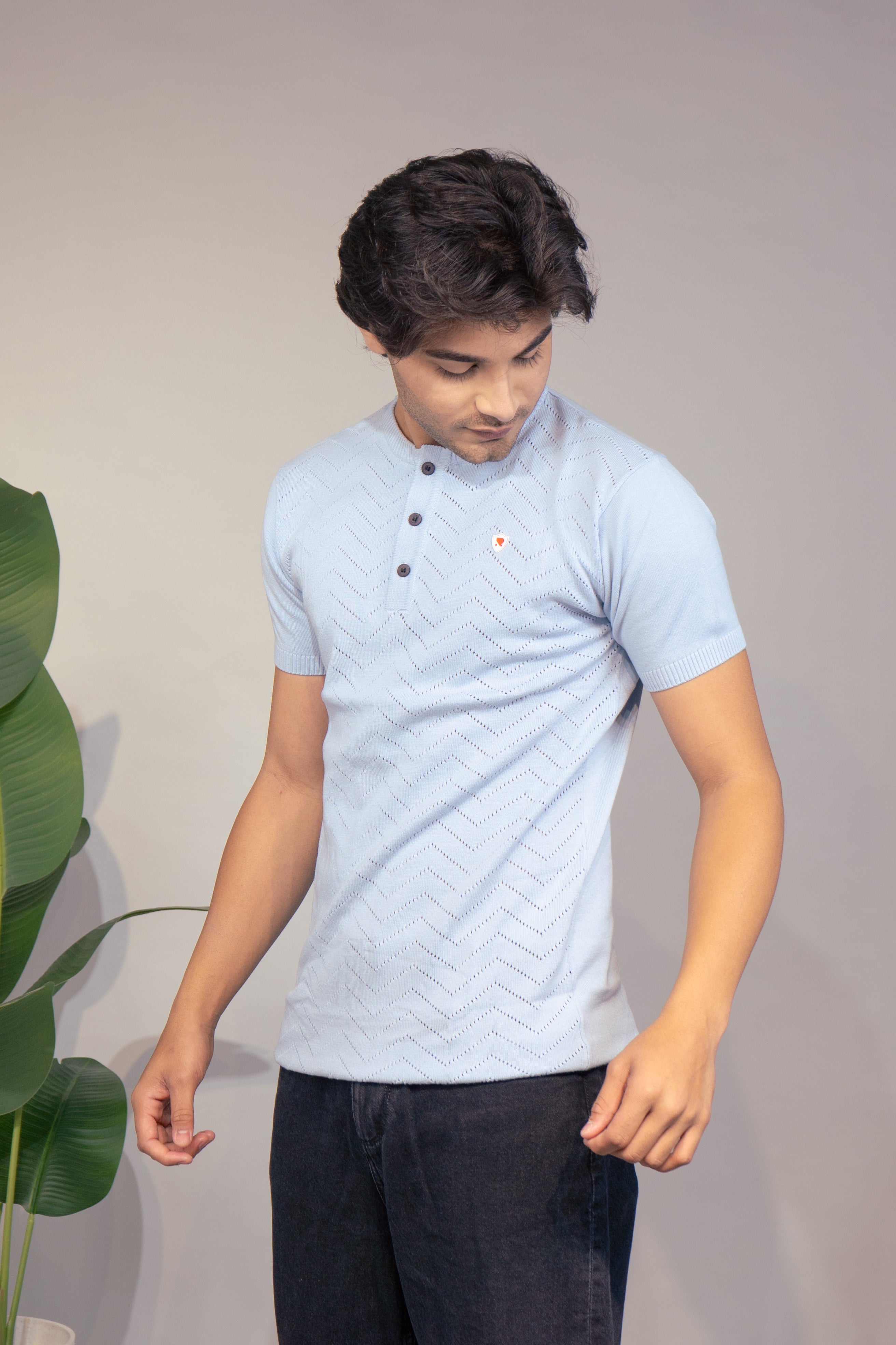 Men Textured T-Shirt | Stylish Henley Neck Half Sleeve Casual T-Shirt for Men | Self Design Zig Zag Knitted Summer Wear T Shirt