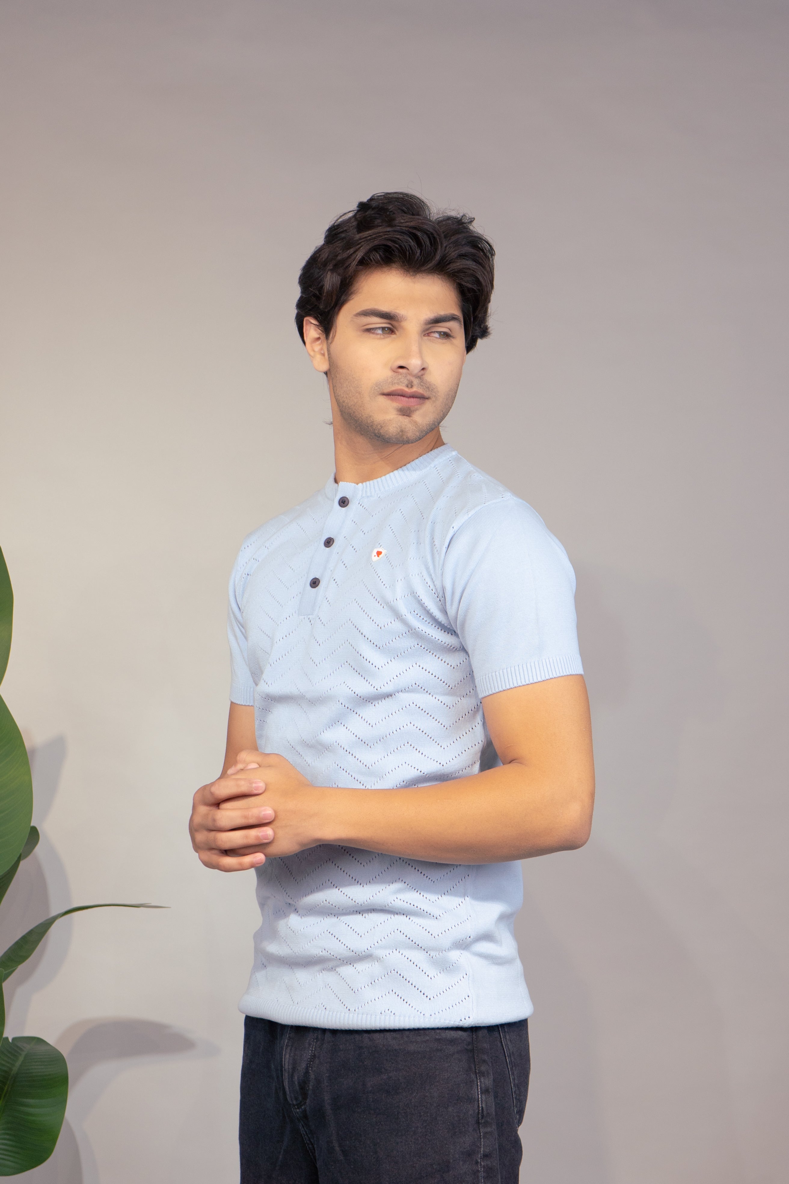 Men Textured T-Shirt | Stylish Henley Neck Half Sleeve Casual T-Shirt for Men | Self Design Zig Zag Knitted Summer Wear T Shirt