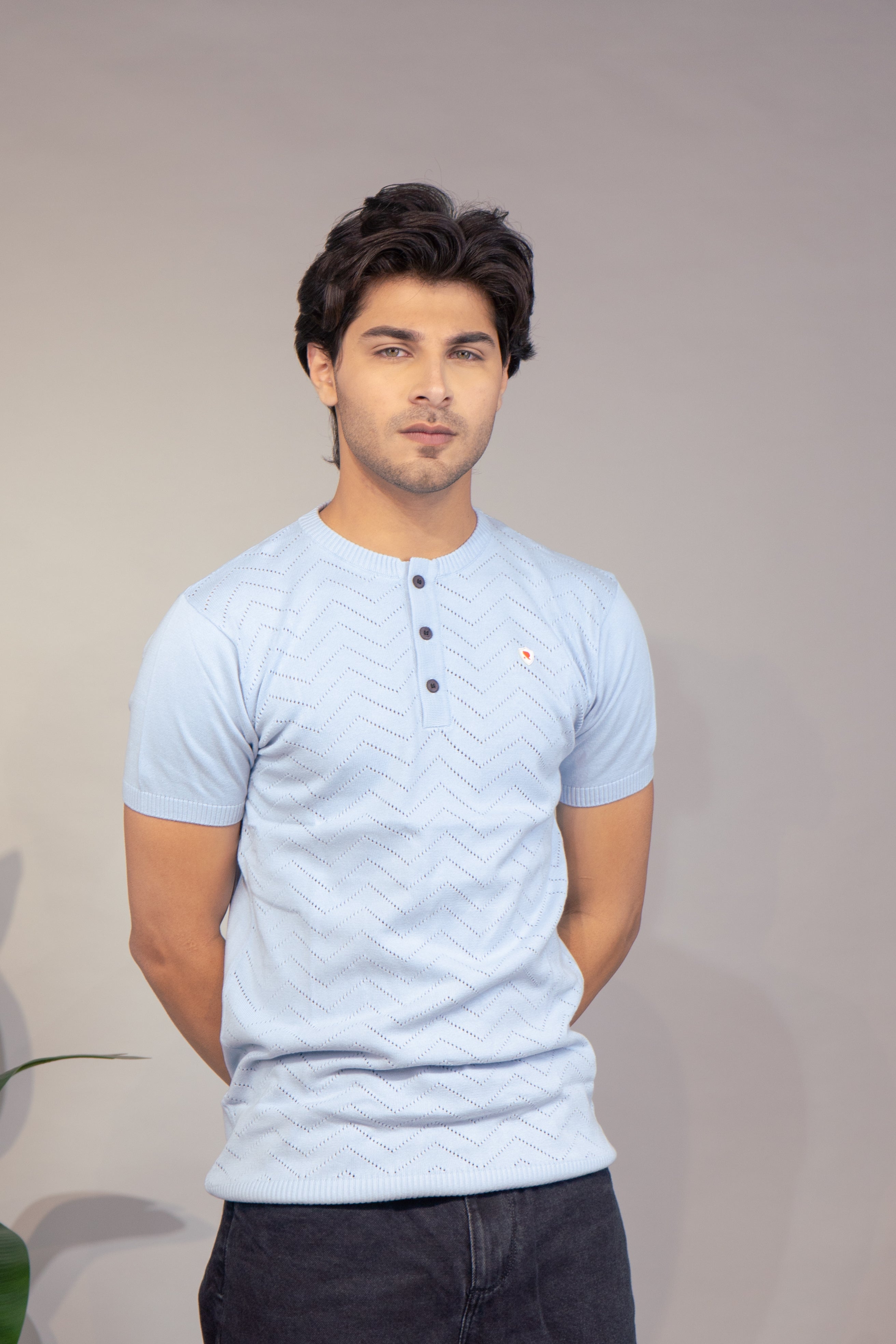 Men Textured T-Shirt | Stylish Henley Neck Half Sleeve Casual T-Shirt for Men | Self Design Zig Zag Knitted Summer Wear T Shirt