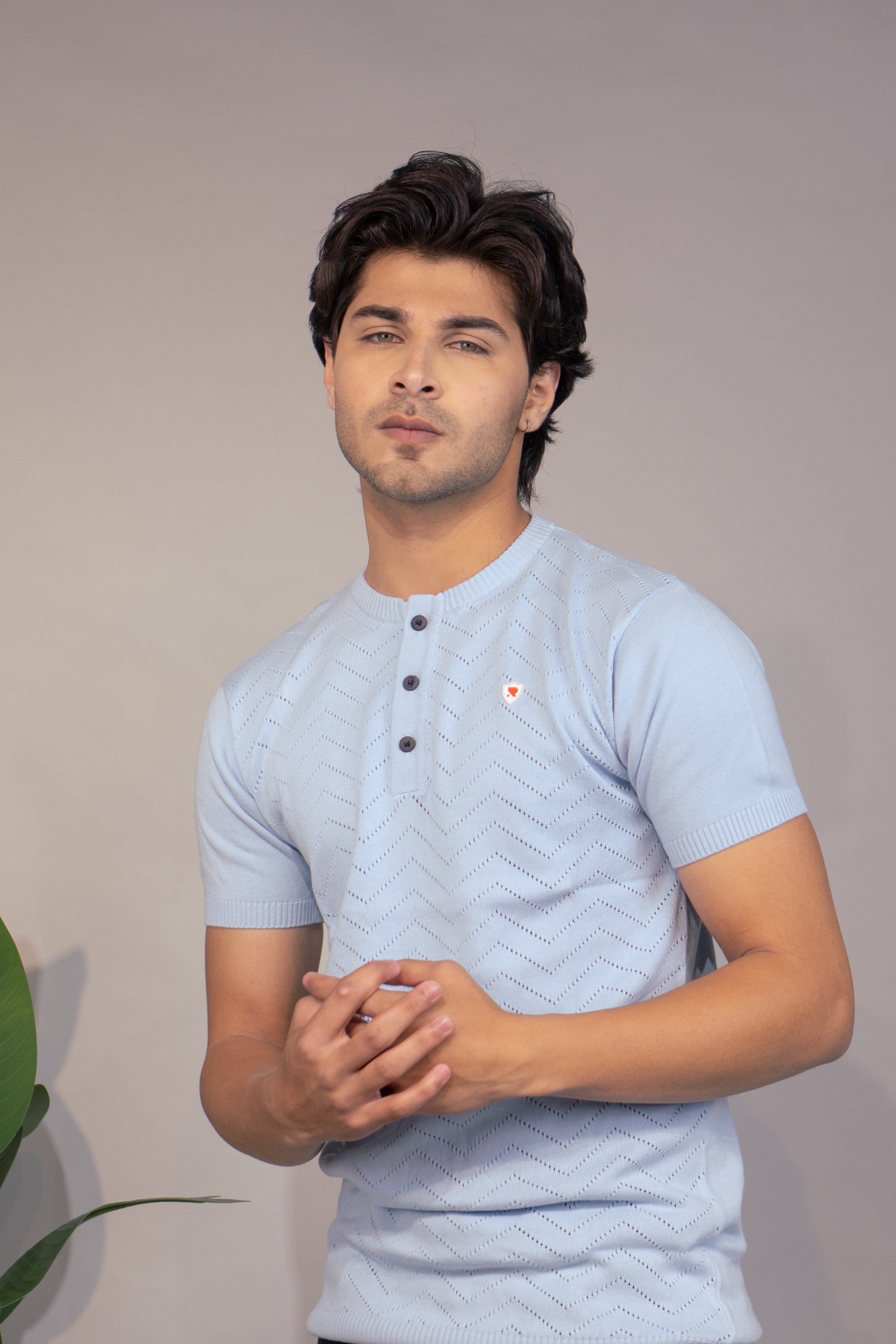 Men Textured T-Shirt | Stylish Henley Neck Half Sleeve Casual T-Shirt for Men | Self Design Zig Zag Knitted Summer Wear T Shirt