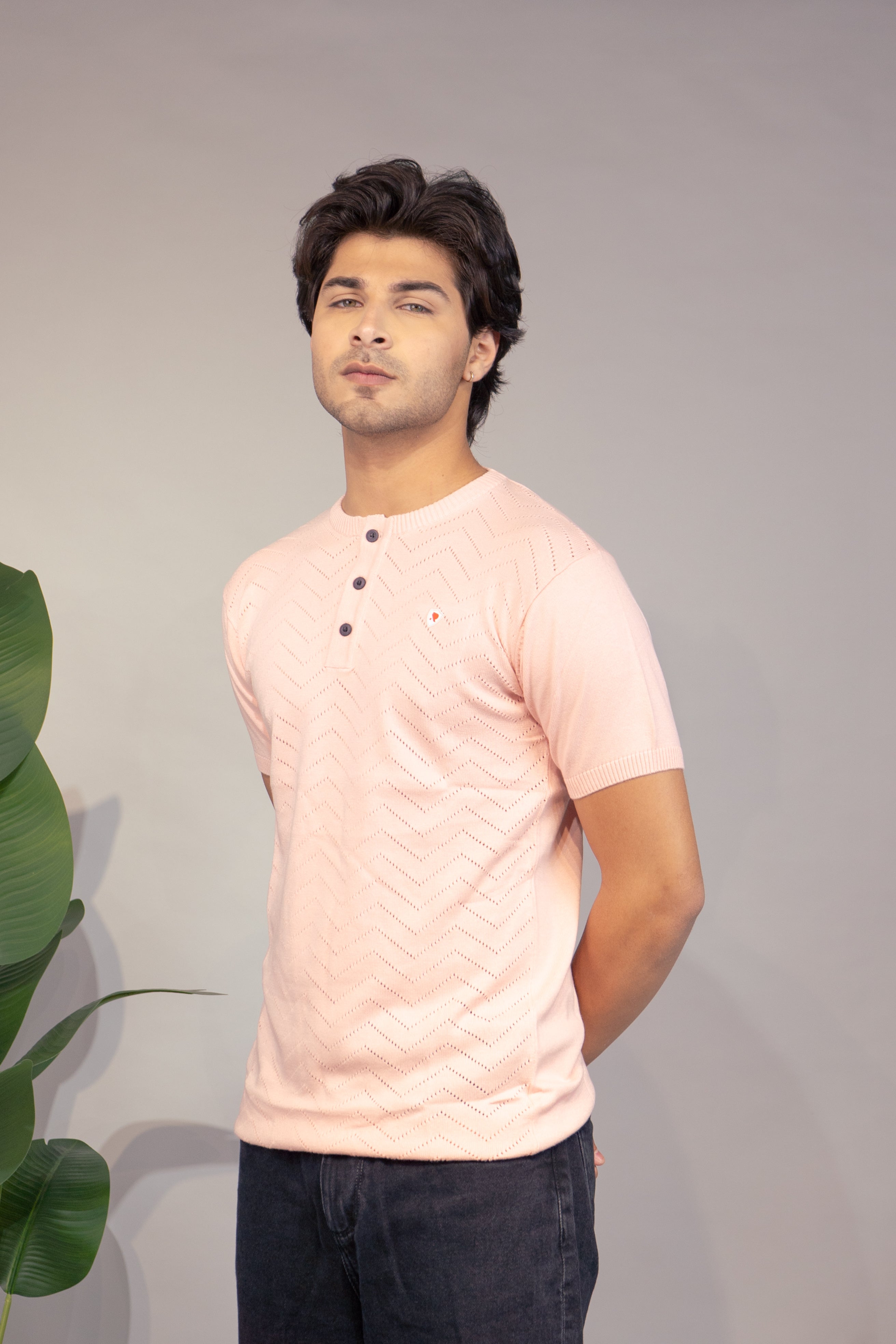 Men Textured T-Shirt | Stylish Henley Neck Half Sleeve Casual T-Shirt for Men | Self Design Zig Zag Knitted Summer Wear T Shirt