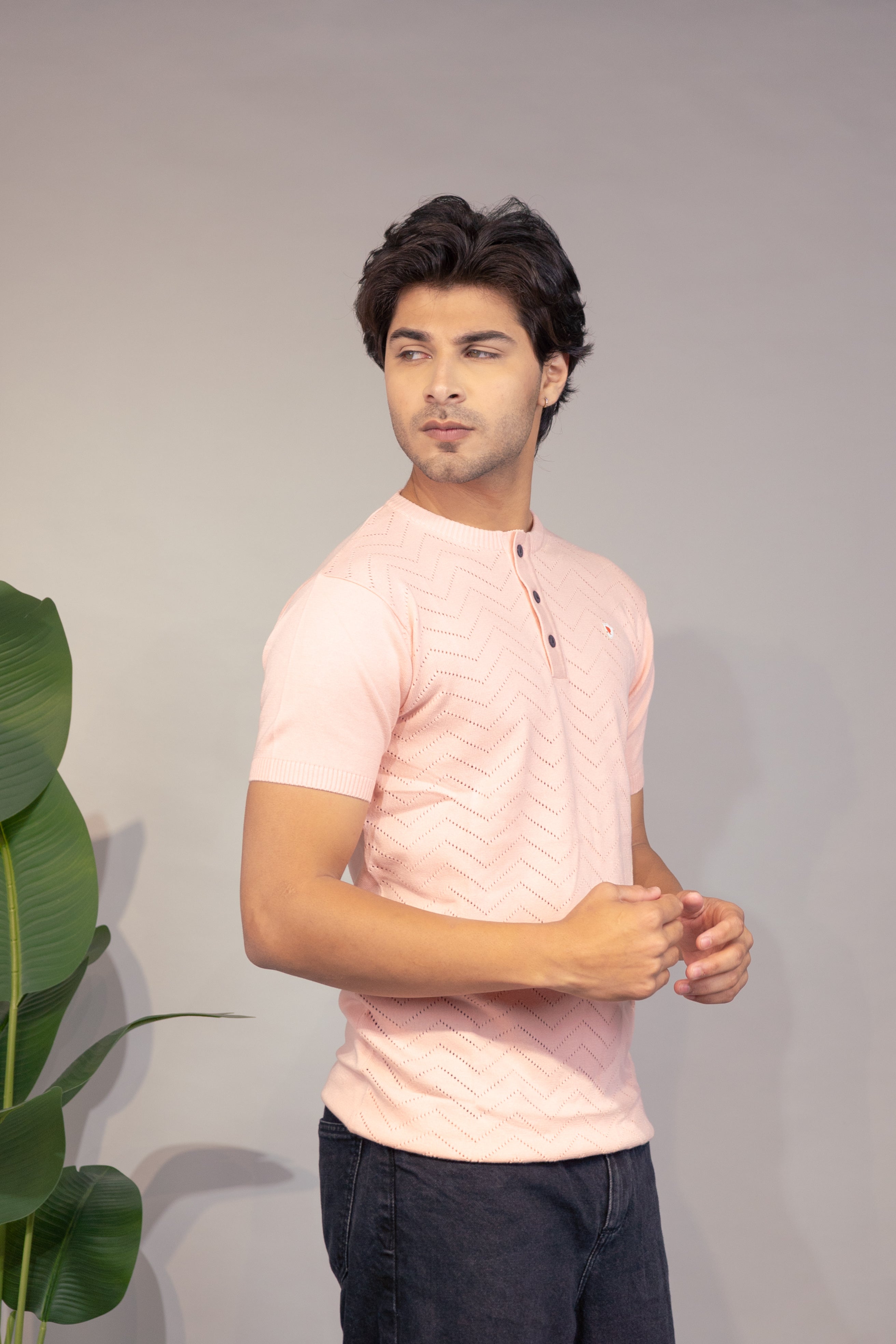Men Textured T-Shirt | Stylish Henley Neck Half Sleeve Casual T-Shirt for Men | Self Design Zig Zag Knitted Summer Wear T Shirt