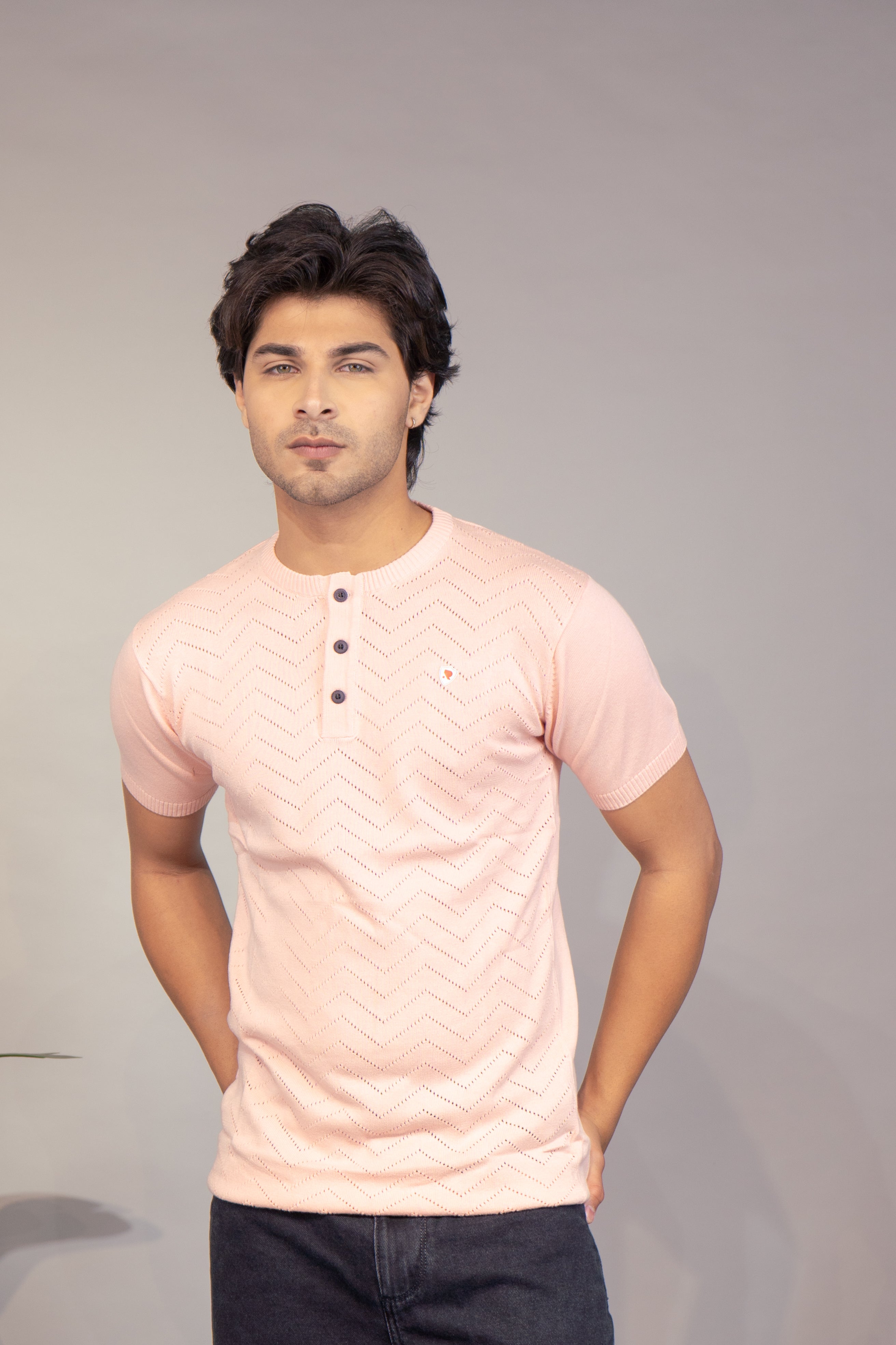 Men Textured T-Shirt | Stylish Henley Neck Half Sleeve Casual T-Shirt for Men | Self Design Zig Zag Knitted Summer Wear T Shirt