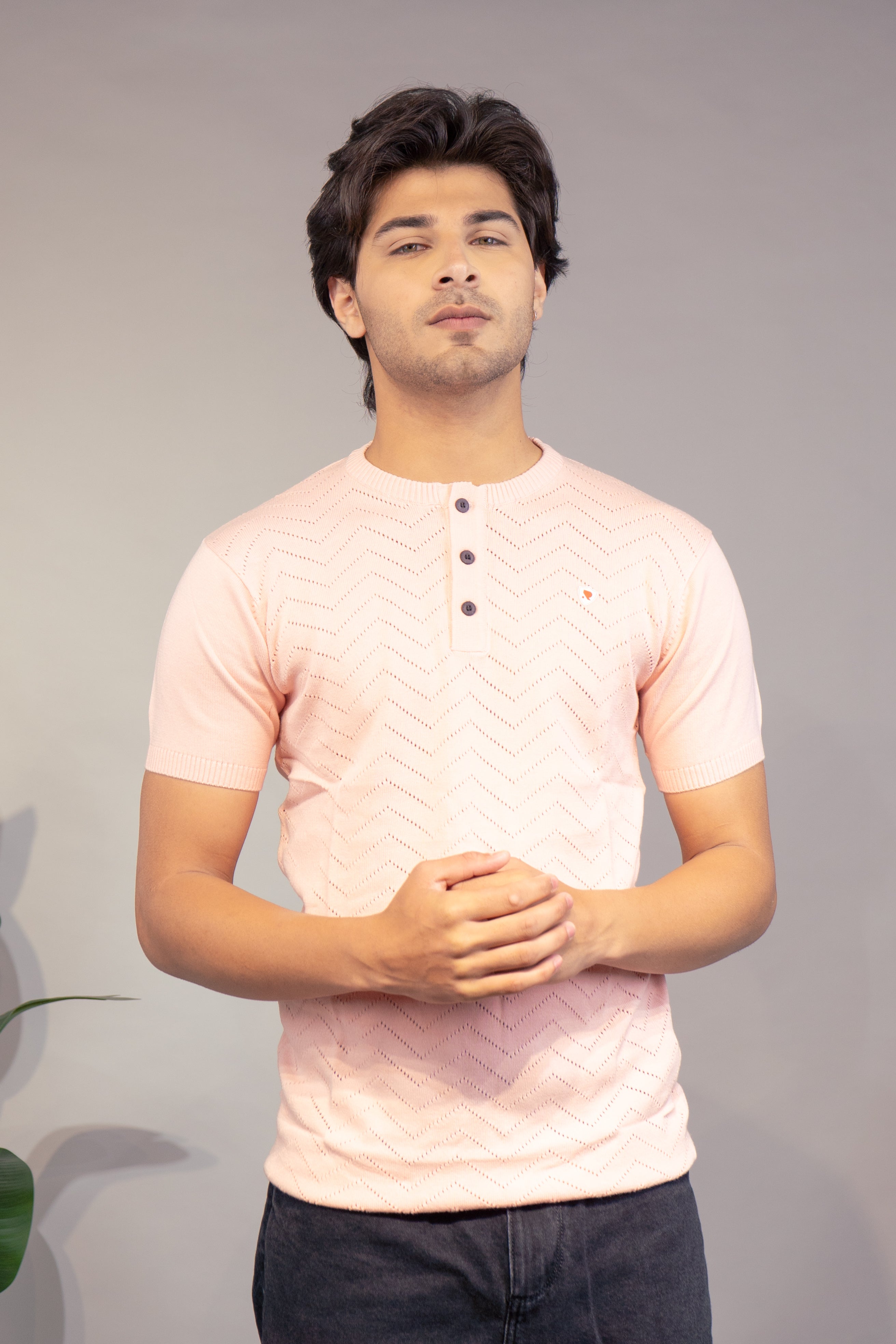 Men Textured T-Shirt | Stylish Henley Neck Half Sleeve Casual T-Shirt for Men | Self Design Zig Zag Knitted Summer Wear T Shirt