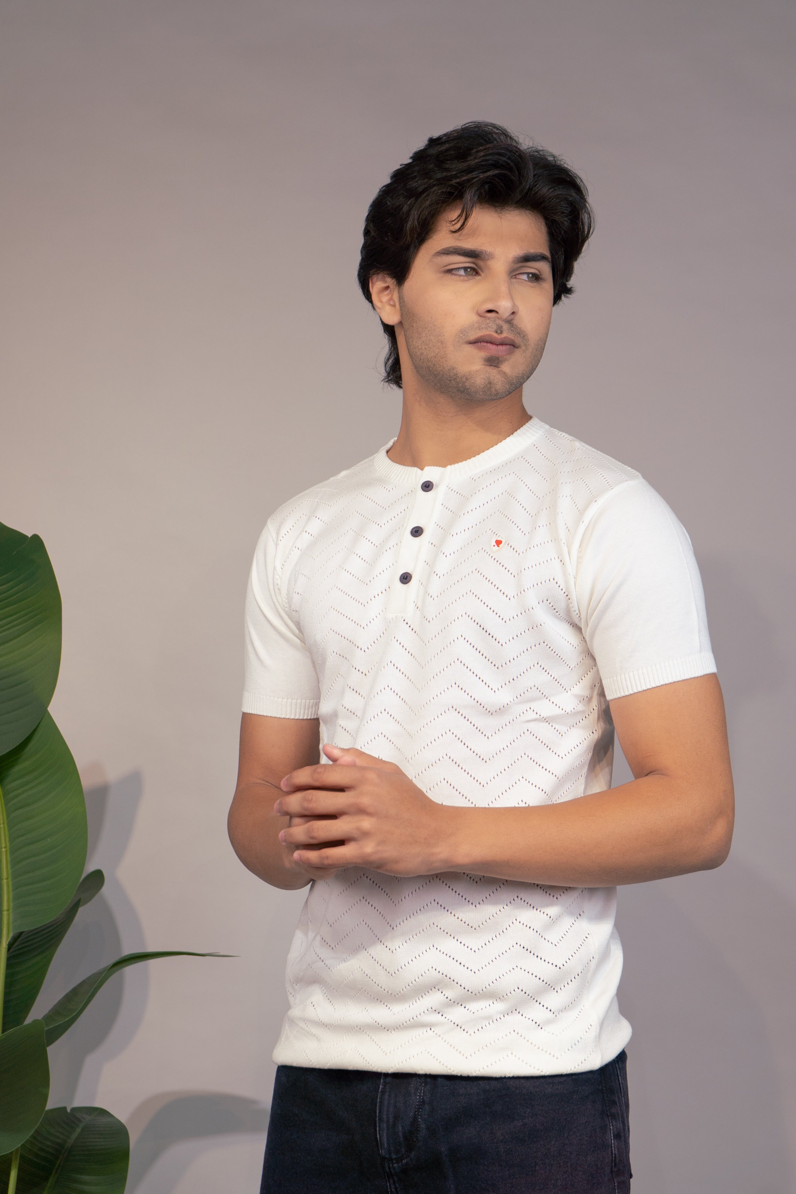 Men Textured T-Shirt | Stylish Henley Neck Half Sleeve Casual T-Shirt for Men | Self Design Zig Zag Knitted Summer Wear T Shirt