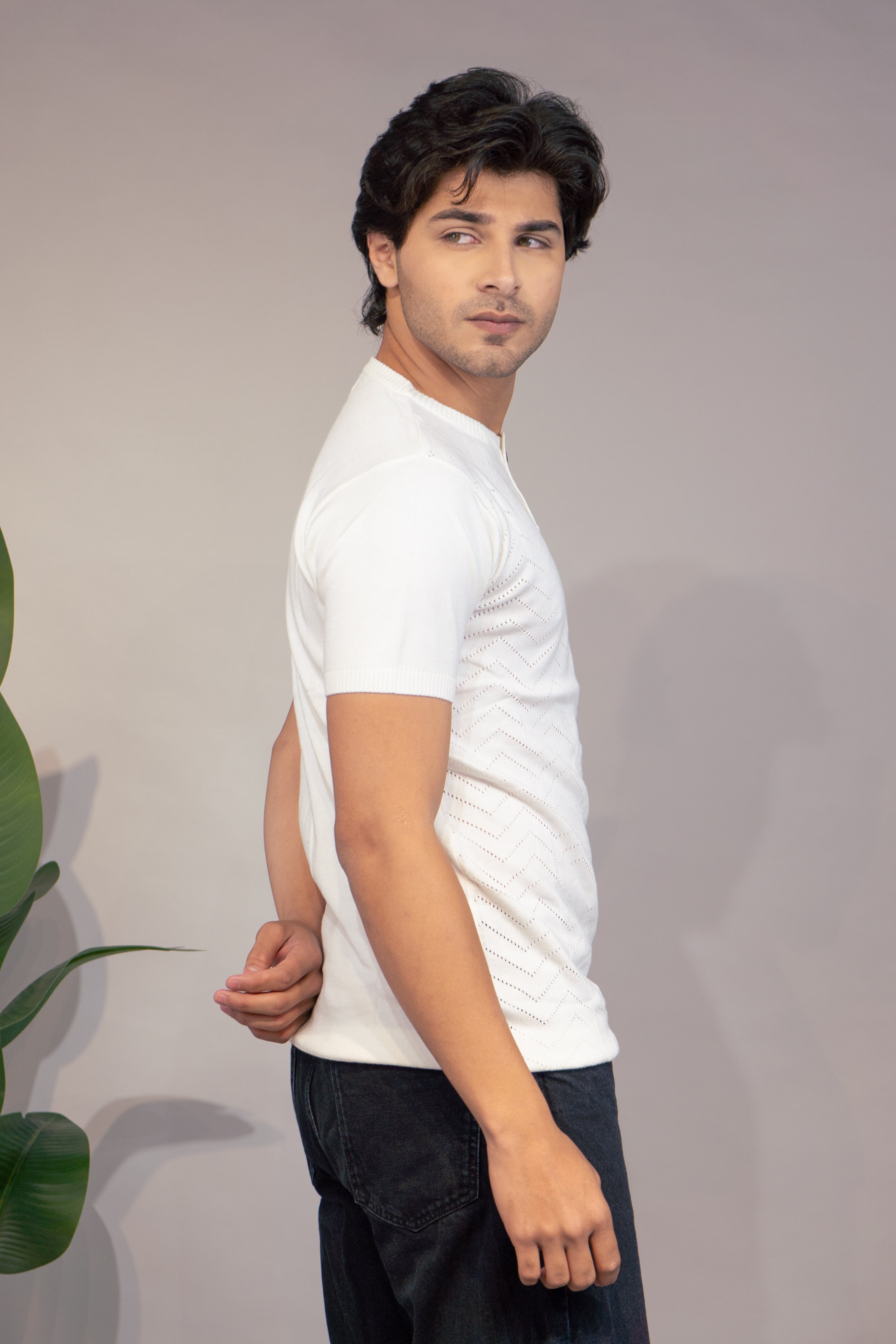 Men Textured T-Shirt | Stylish Henley Neck Half Sleeve Casual T-Shirt for Men | Self Design Zig Zag Knitted Summer Wear T Shirt