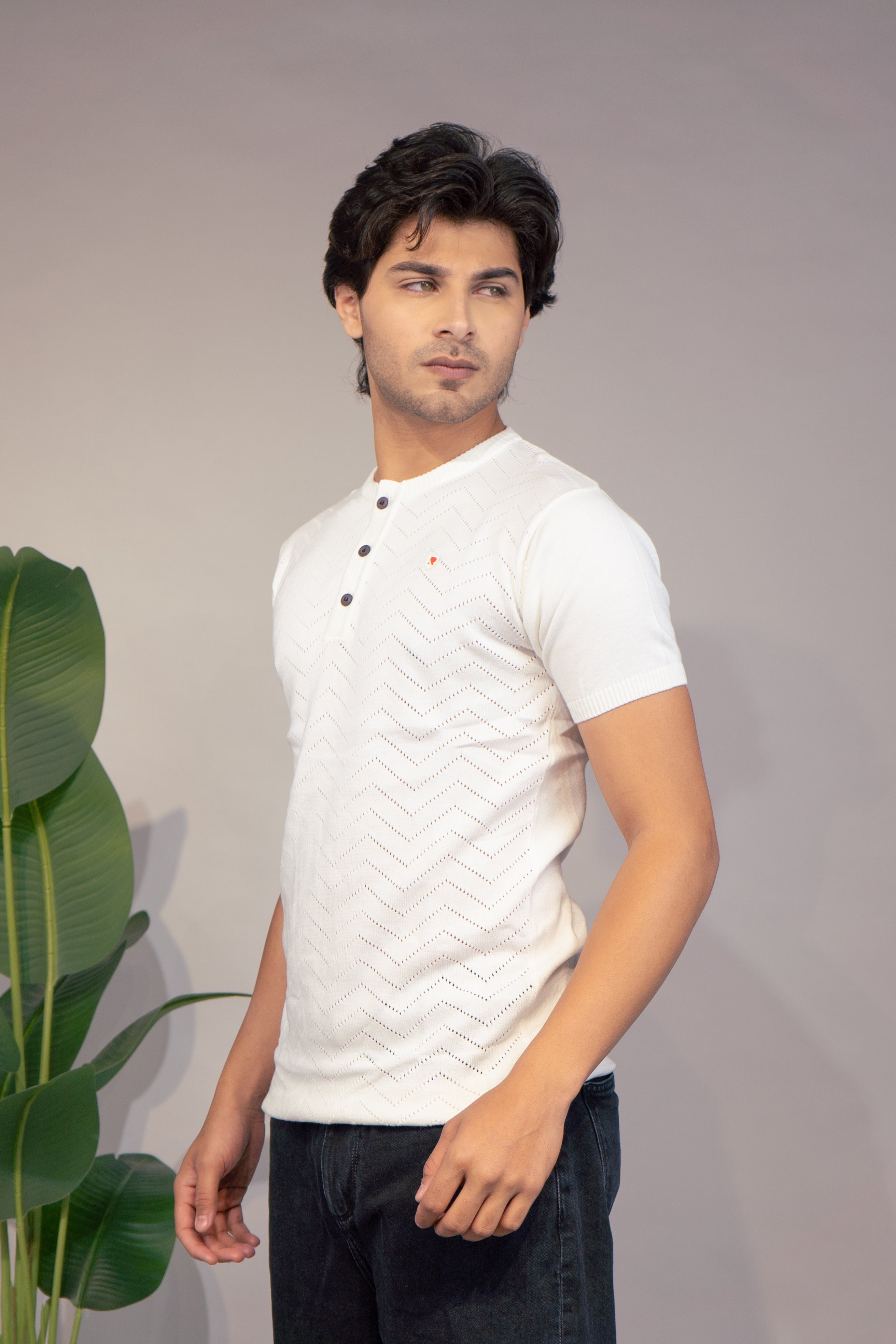 Men Textured T-Shirt | Stylish Henley Neck Half Sleeve Casual T-Shirt for Men | Self Design Zig Zag Knitted Summer Wear T Shirt