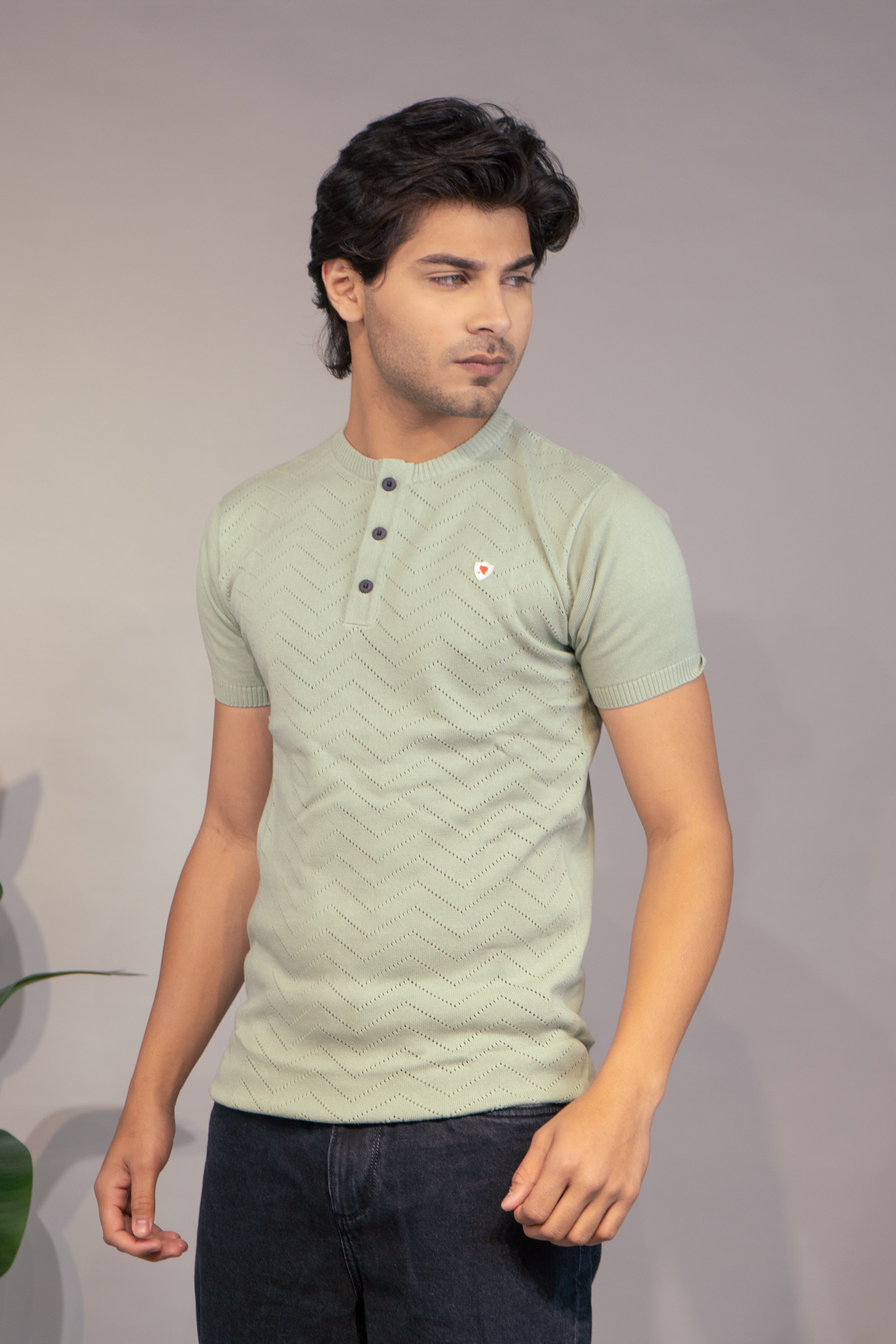 Men Textured T-Shirt | Stylish Henley Neck Half Sleeve Casual T-Shirt for Men | Self Design Zig Zag Knitted Summer Wear T Shirt