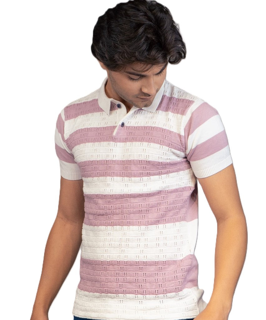 Men Striped Polo Neck Pure Cotton Light Blue, White T-Shirt