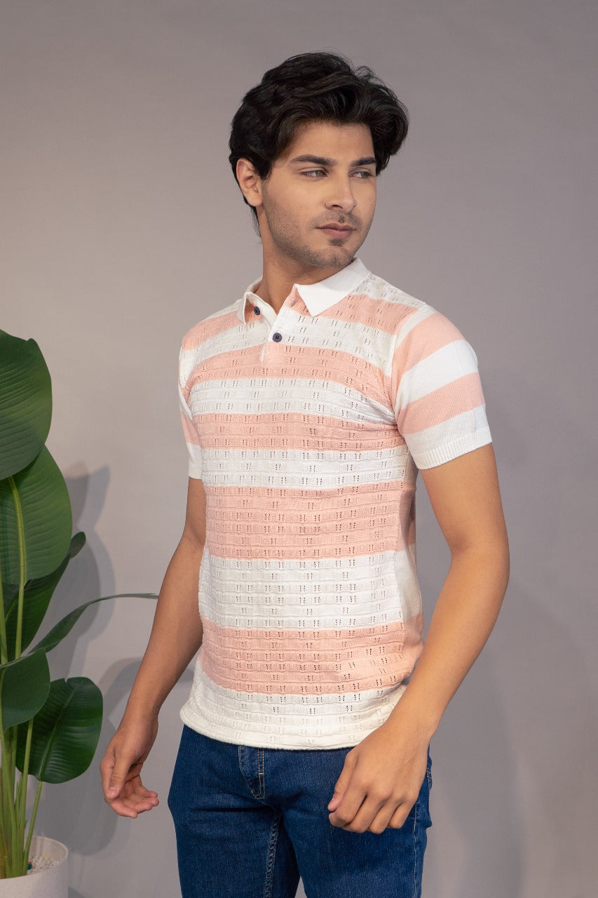 Men Striped Polo Neck Pure Cotton Light Blue, White T-Shirt