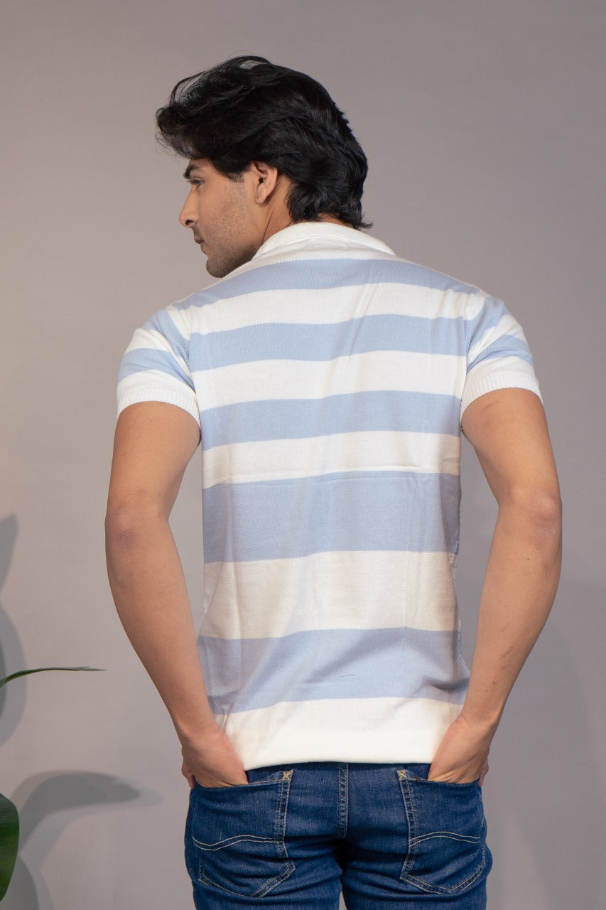 Men Striped Polo Neck Pure Cotton Light Blue, White T-Shirt