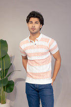 Men Striped Polo Neck Pure Cotton Light Blue, White T-Shirt