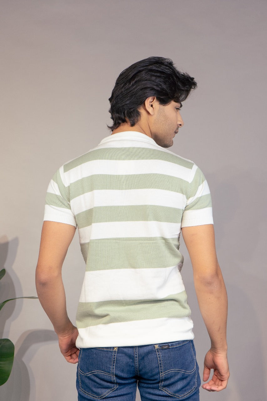 Men Striped Polo Neck Pure Cotton Light Blue, White T-Shirt
