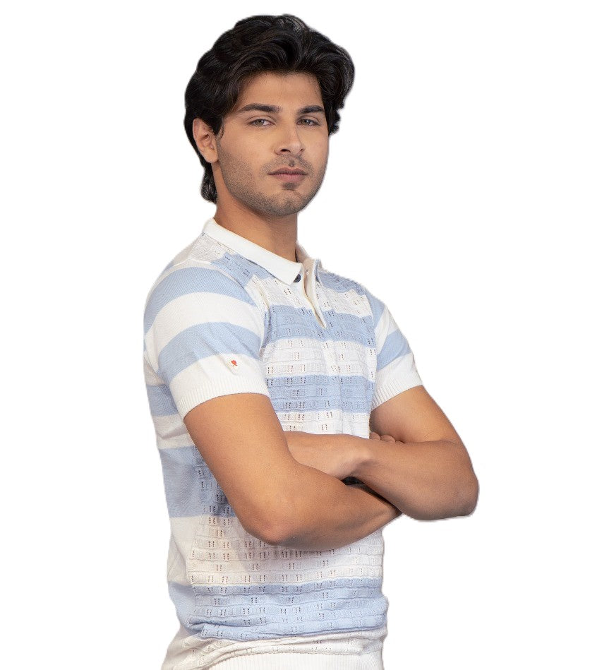 Men Striped Polo Neck Pure Cotton Light Blue, White T-Shirt