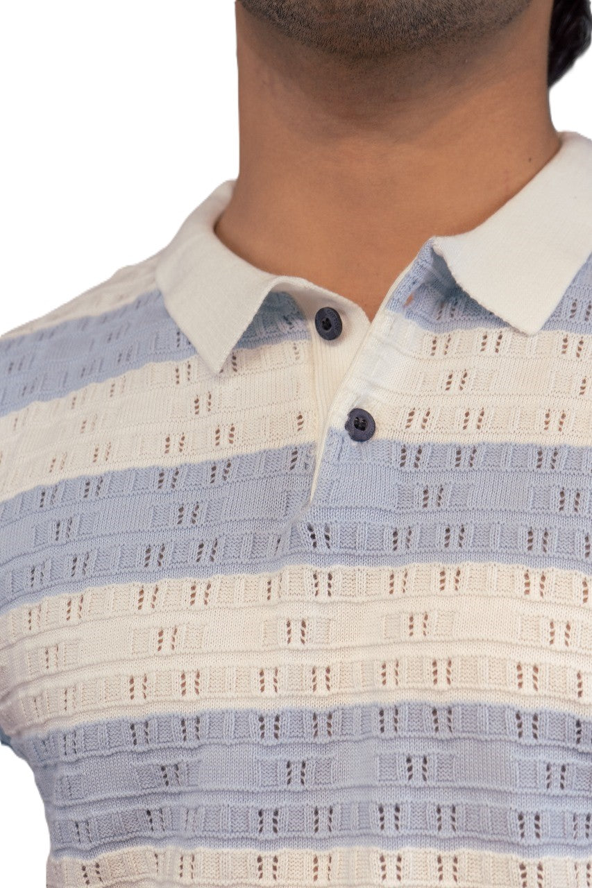 Men Striped Polo Neck Pure Cotton Light Blue, White T-Shirt