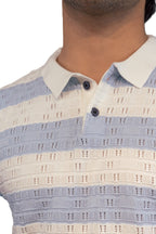Men Striped Polo Neck Pure Cotton Light Blue, White T-Shirt