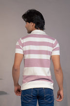 Men Striped Polo Neck Pure Cotton Light Blue, White T-Shirt