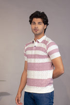 Men Striped Polo Neck Pure Cotton Light Blue, White T-Shirt