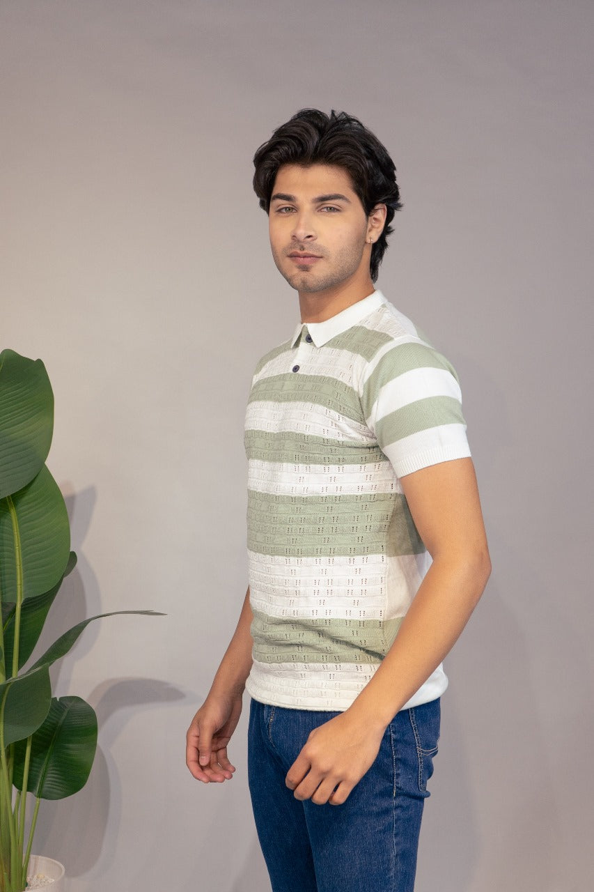 Men Striped Polo Neck Pure Cotton Light Blue, White T-Shirt