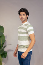 Men Striped Polo Neck Pure Cotton Light Blue, White T-Shirt