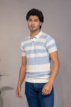 Men Striped Polo Neck Pure Cotton Light Blue, White T-Shirt
