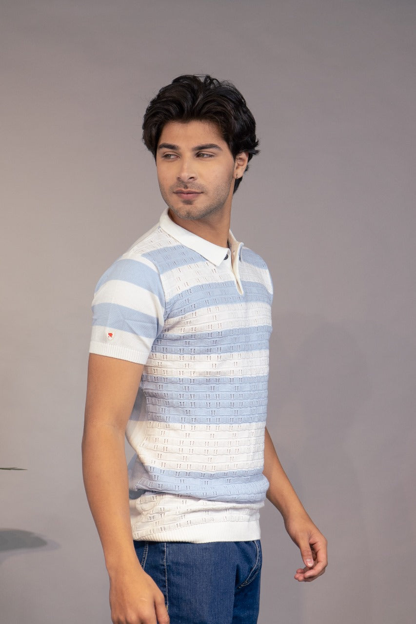 Men Striped Polo Neck Pure Cotton Light Blue, White T-Shirt