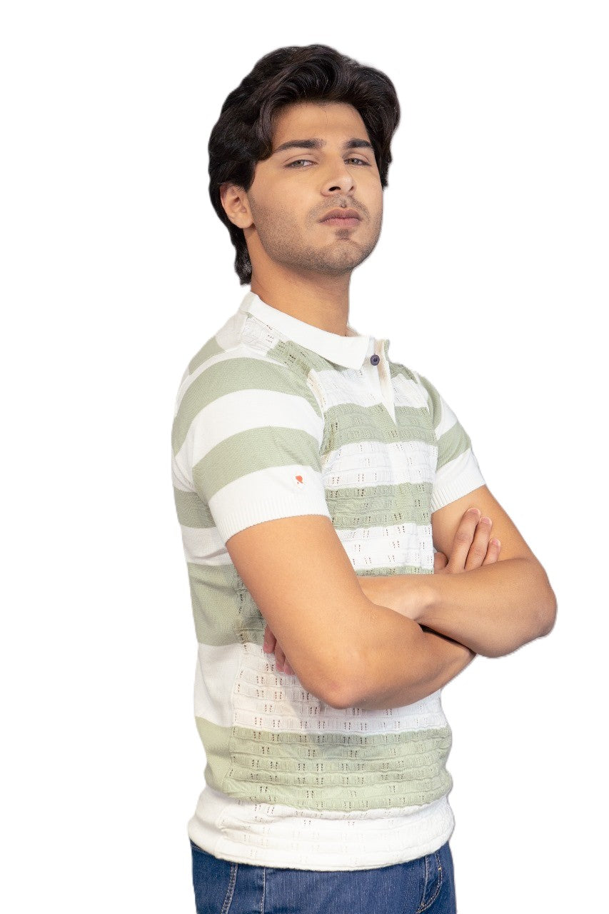 Men Striped Polo Neck Pure Cotton Light Blue, White T-Shirt