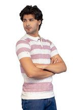 Men Striped Polo Neck Pure Cotton Light Blue, White T-Shirt