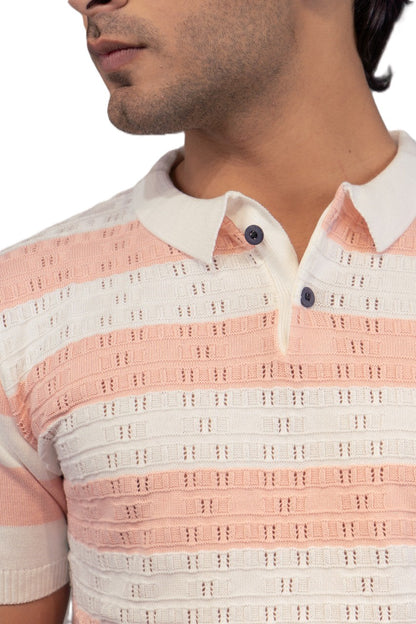 Men Striped Polo Neck Pure Cotton Light Blue, White T-Shirt