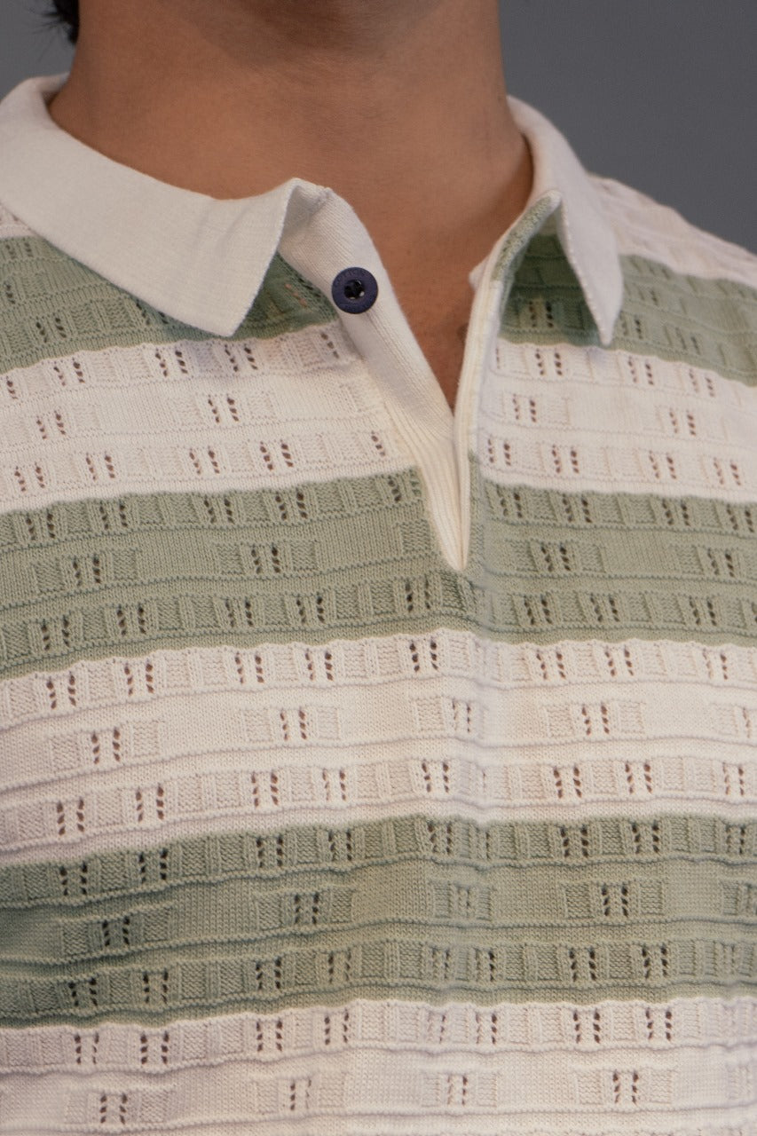 Men Striped Polo Neck Pure Cotton Light Blue, White T-Shirt