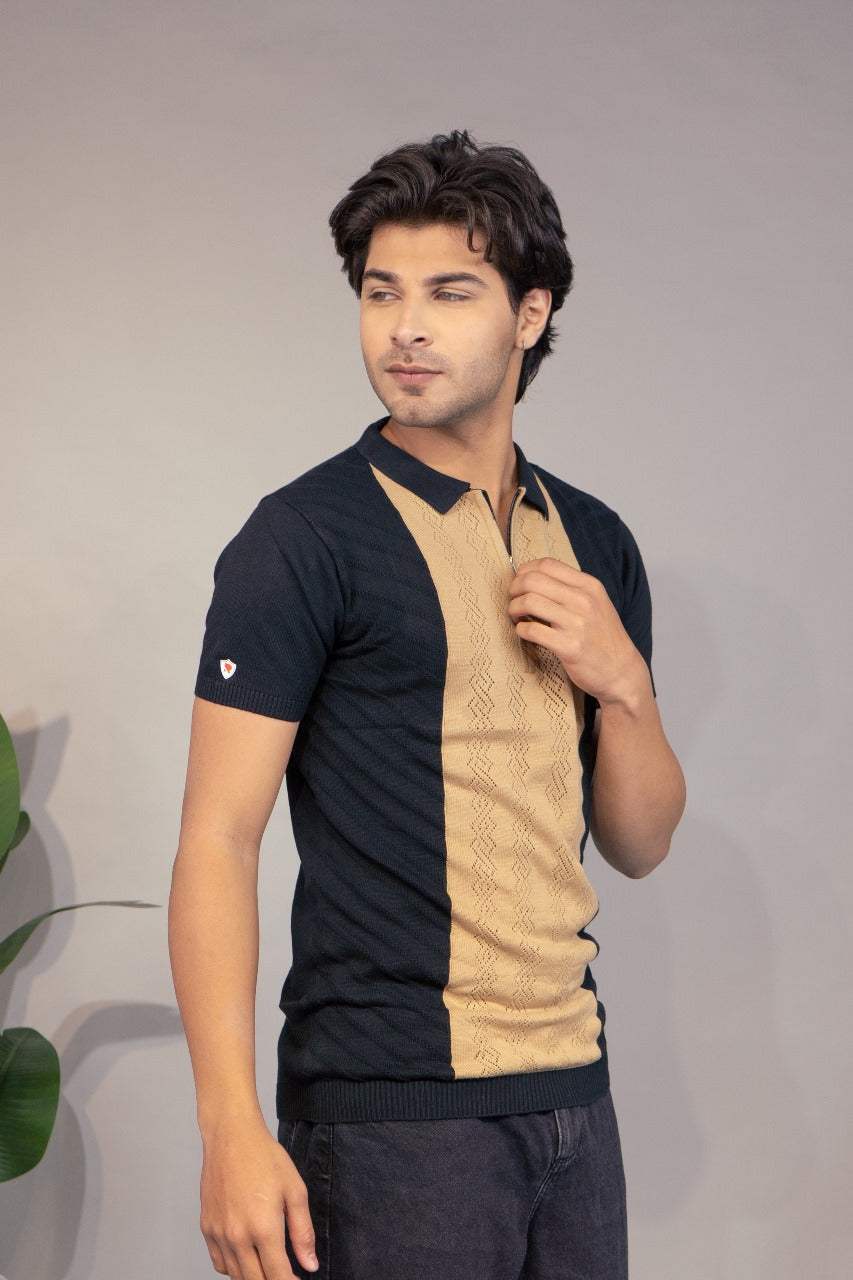 Men Striped Polo Neck Pure Cotton Grey T-Shirt