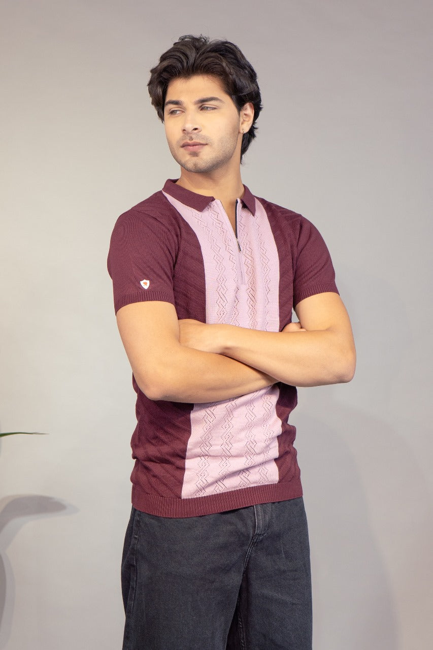 Men Striped Polo Neck Pure Cotton Grey T-Shirt