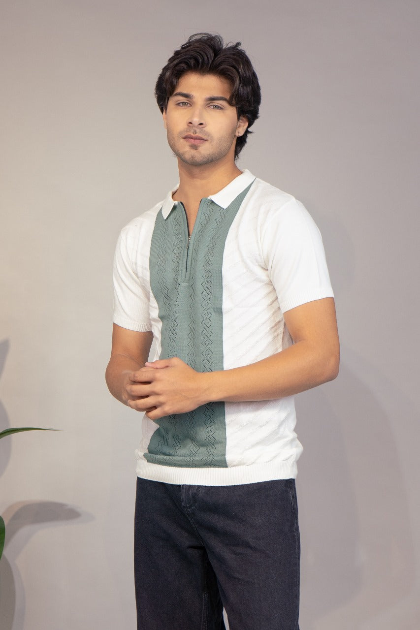 Men Striped Polo Neck Pure Cotton Grey T-Shirt