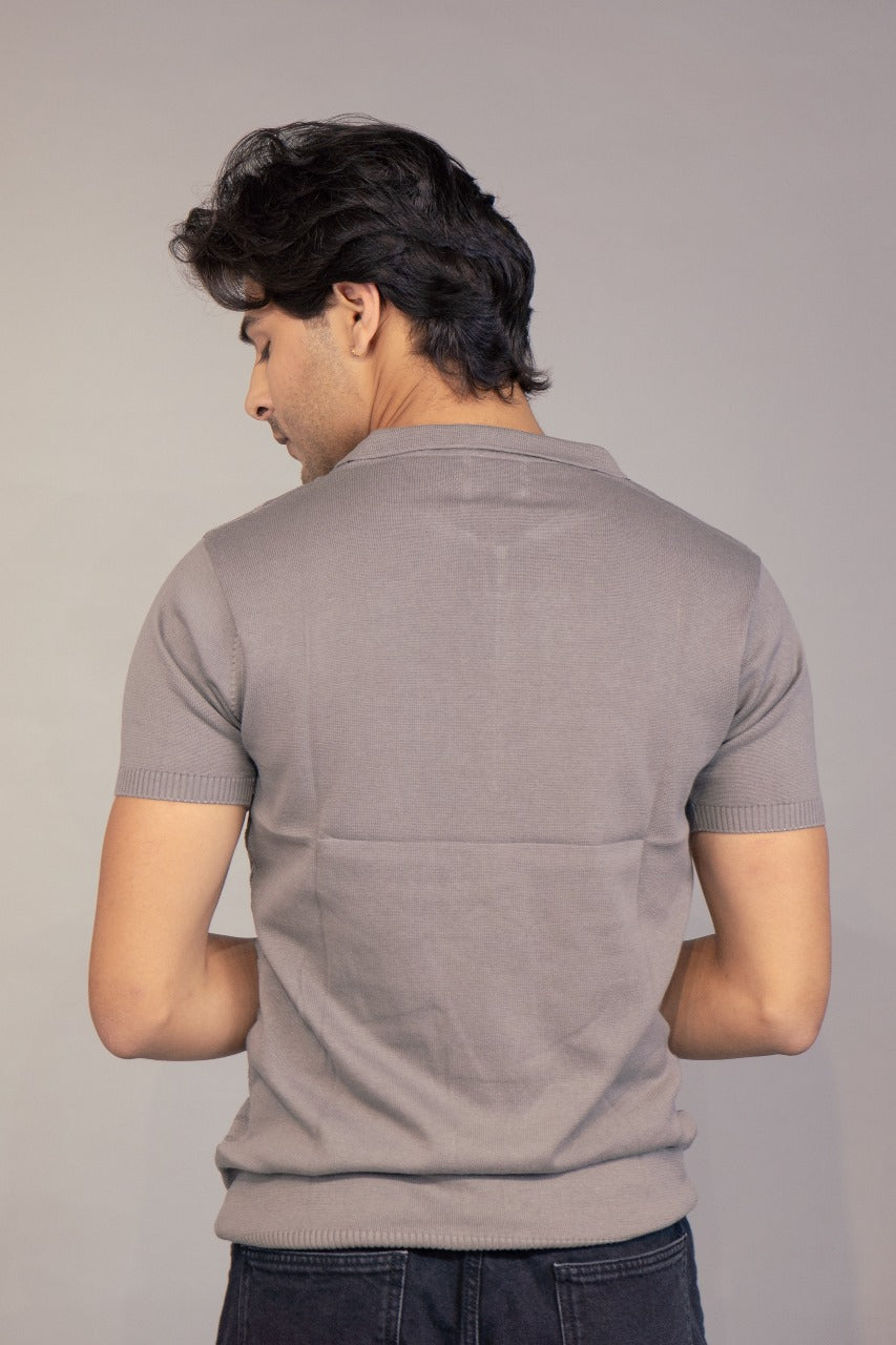 Men Striped Polo Neck Pure Cotton Grey T-Shirt