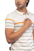 Men White Patterned Pure Cotton Polo Neck T-Shirt