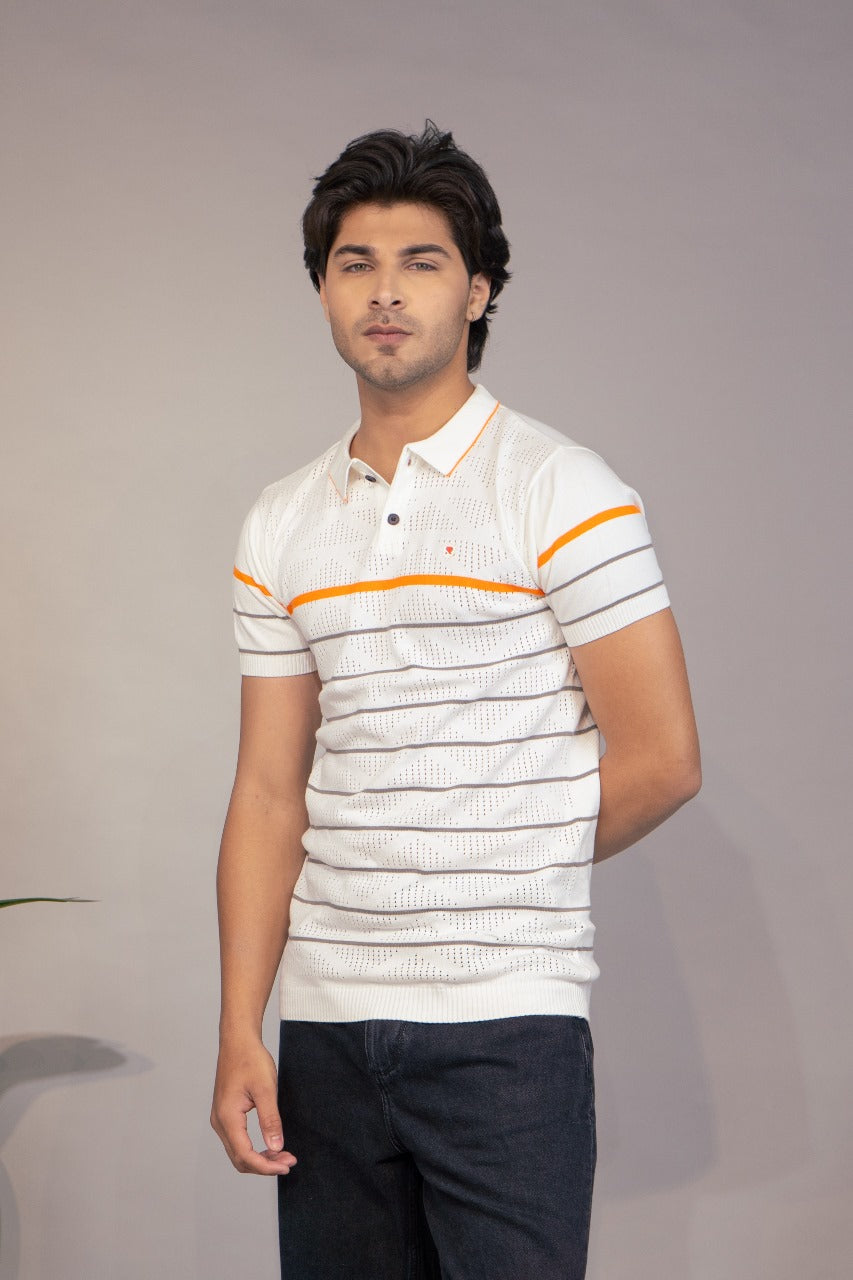 Men White Patterned Pure Cotton Polo Neck T-Shirt