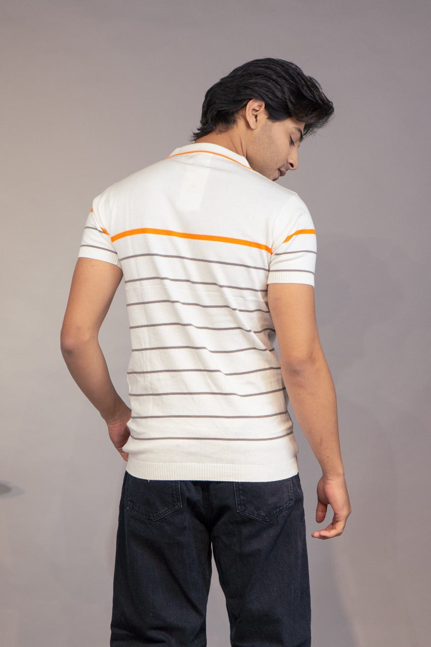 Men White Patterned Pure Cotton Polo Neck T-Shirt