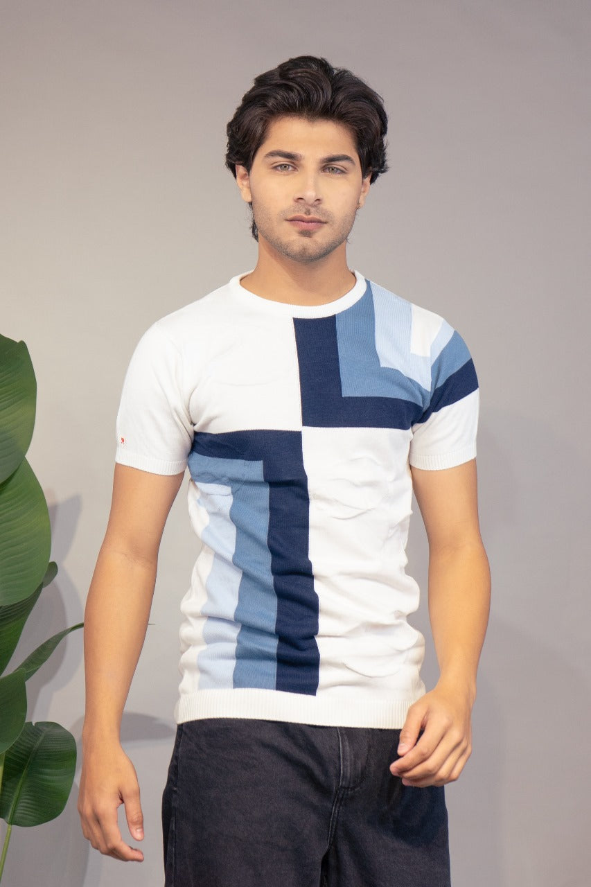 Men Colorblock Round Neck Pure Cotton White T-Shirt