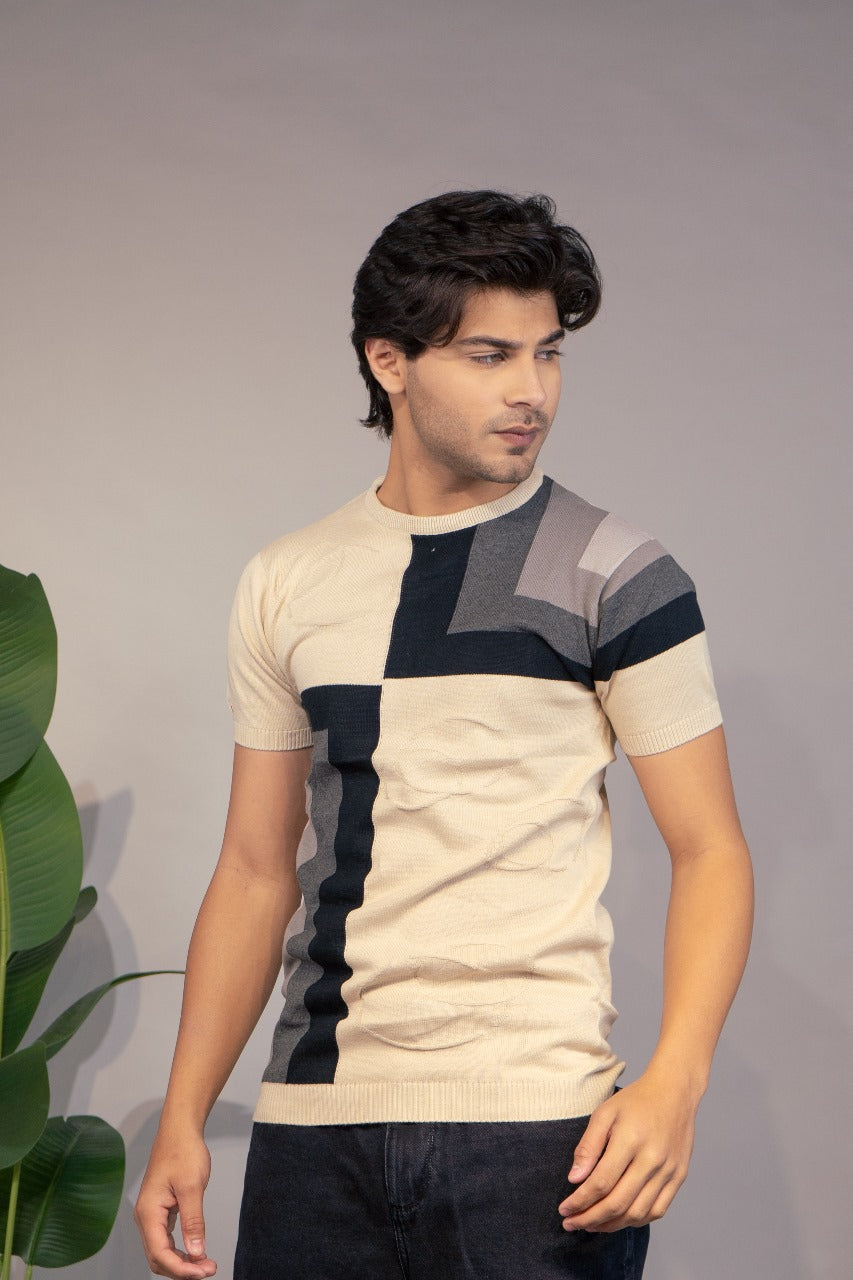 Men Colorblock Round Neck Pure Cotton White T-Shirt