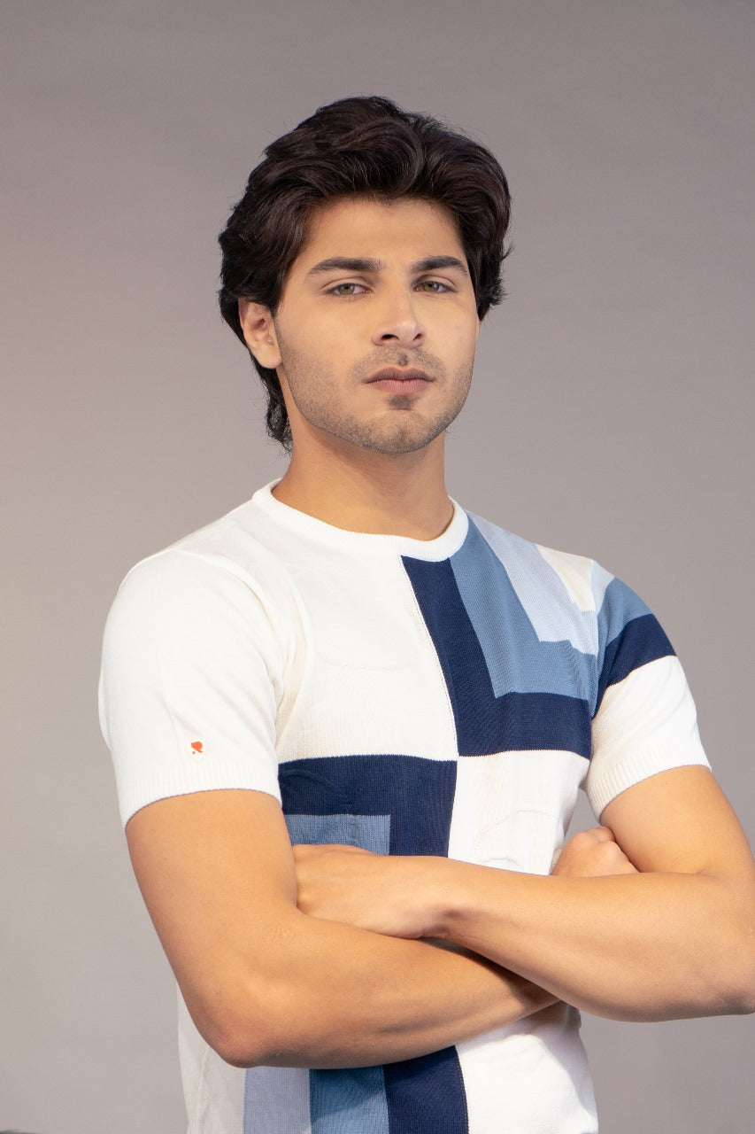 Men Colorblock Round Neck Pure Cotton White T-Shirt
