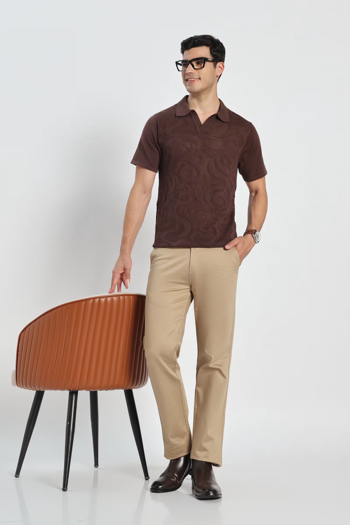 Rauth Men Self-Design Textured Knitted Polo Collar Casual T-Shirt