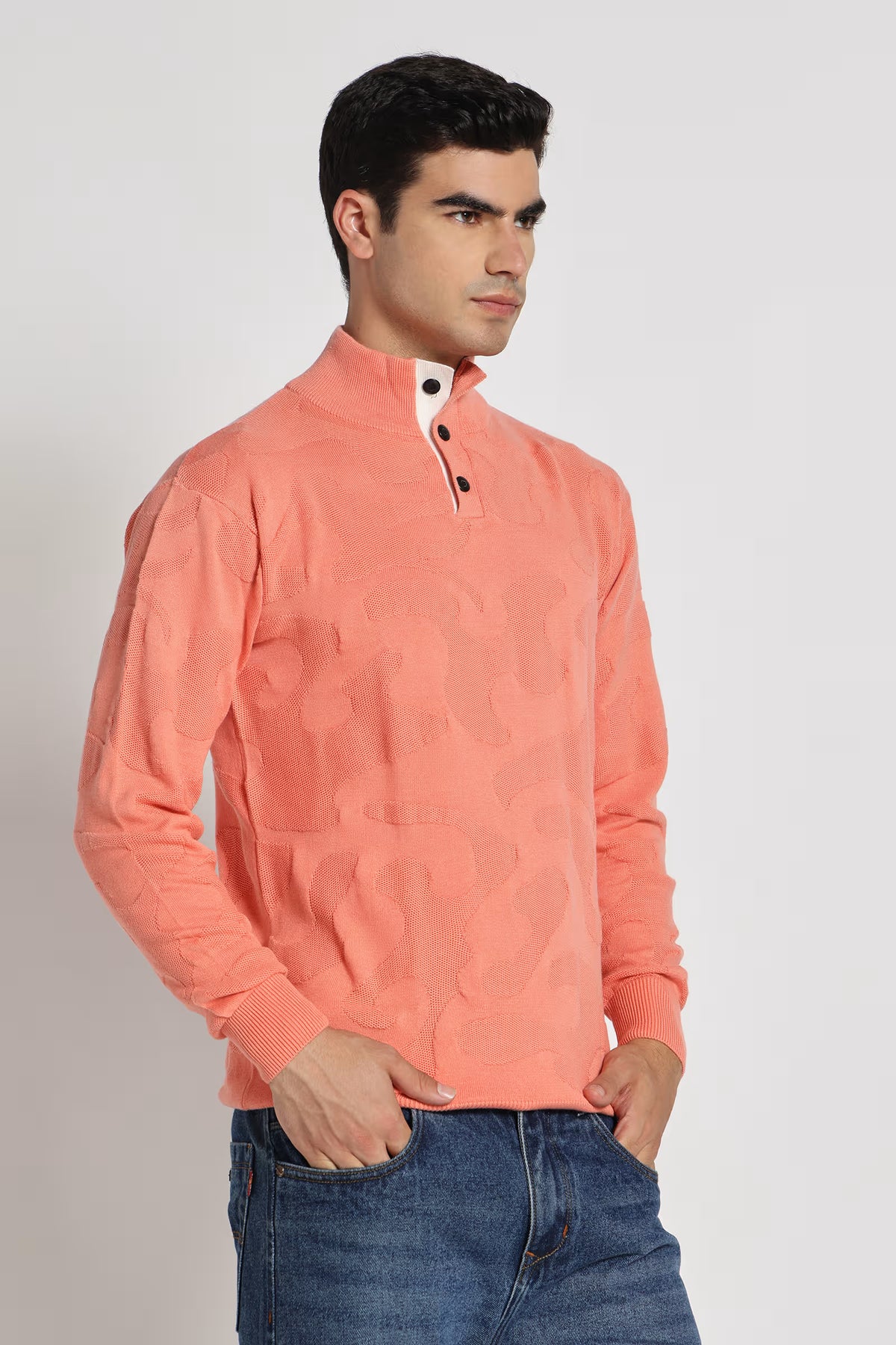 Rauth Men Textured Knitted Mock Neck Full Sleeve Casual T-Shirt / Sweater