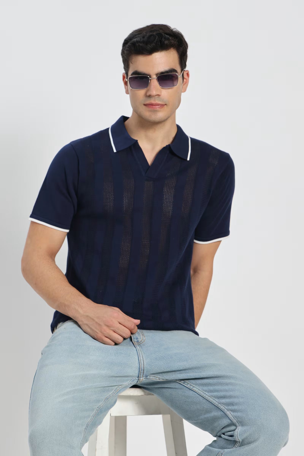 Rauth Men Striped Textured Knitted Polo Collar Casual T-Shirt