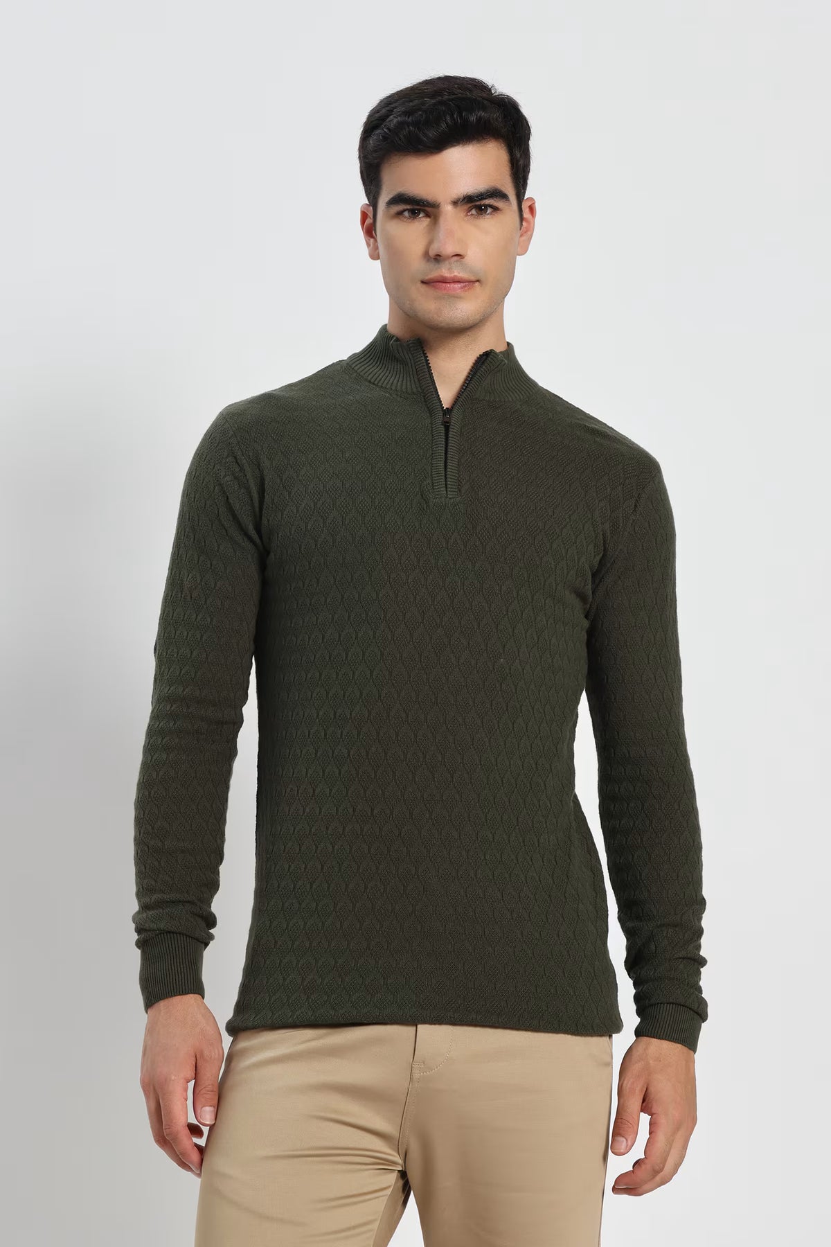 Rauth Men's Solid Half-Zip High Neck Full Sleeve Casual Knitted T-Shirt / Sweater