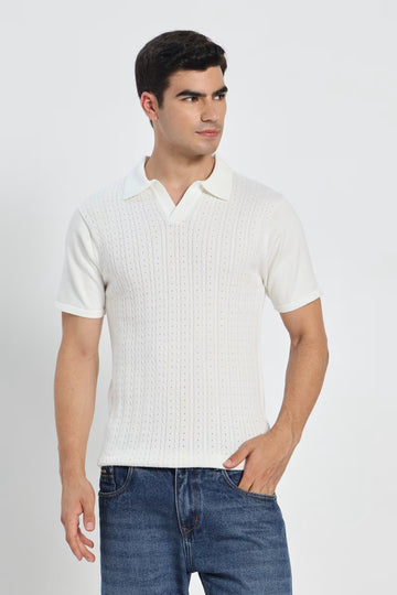 Rauth Men Cable Knitted Textured Polo Collar Casual T-Shirt