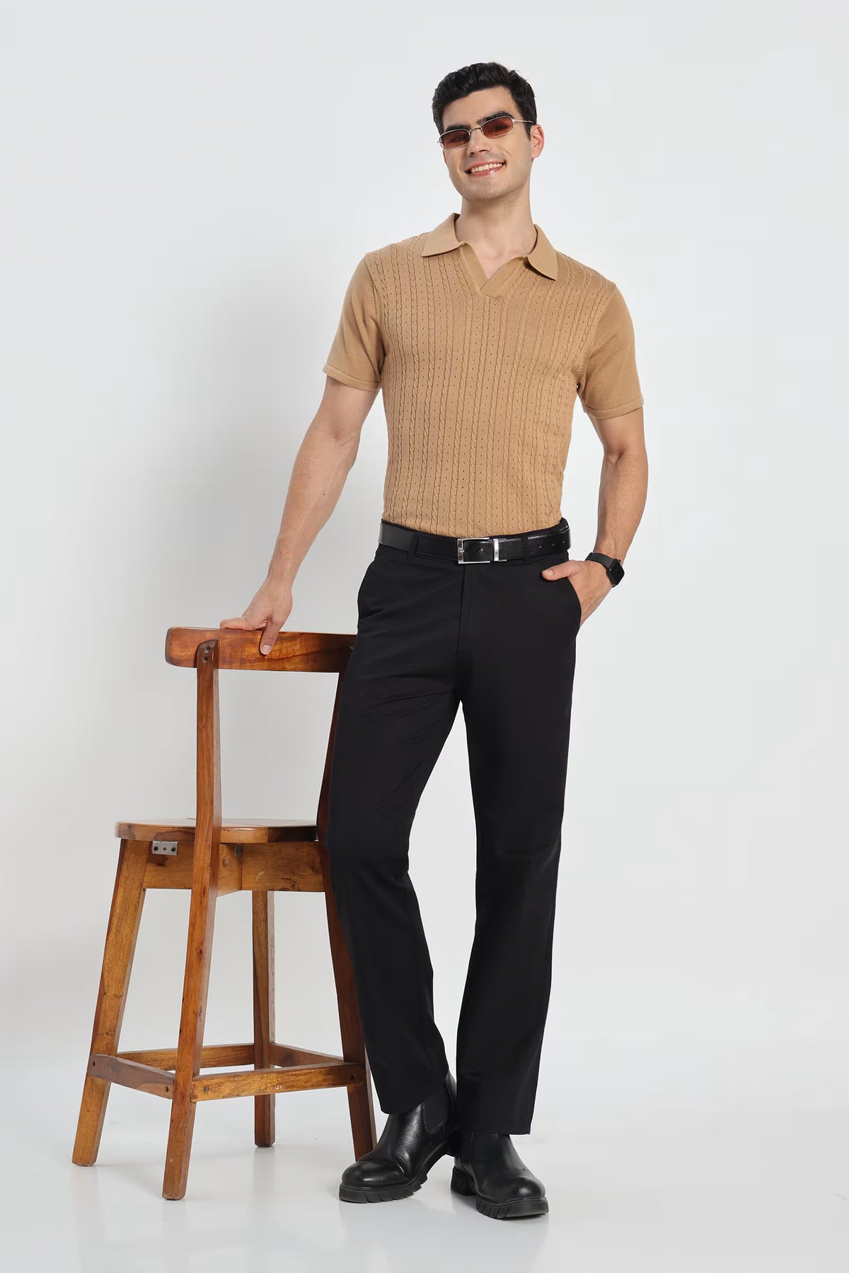 Rauth Men Cable Knitted Textured Polo Collar Casual T-Shirt