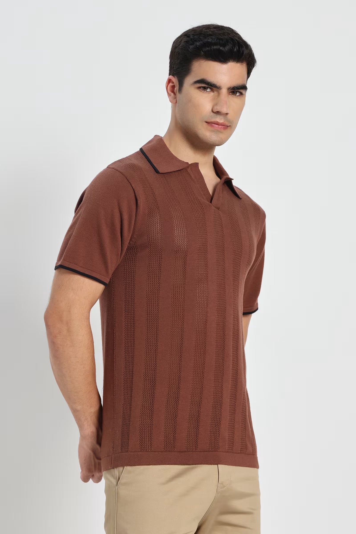Rauth Men Striped Textured Knitted Polo Collar Casual T-Shirt